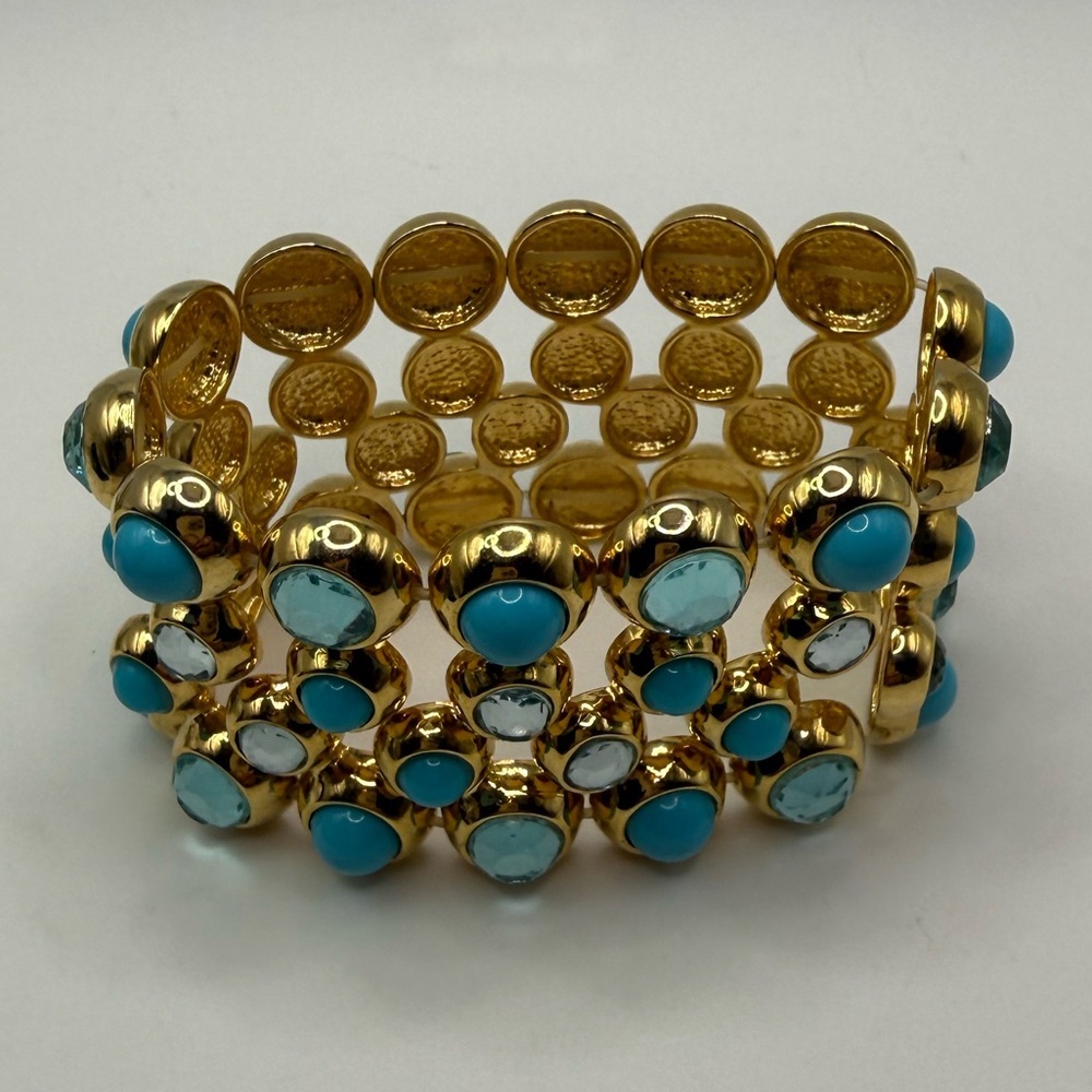 Scaasi Gold Tone & Turquoise Stone Wide Stretch Bracelet Statement Designer
